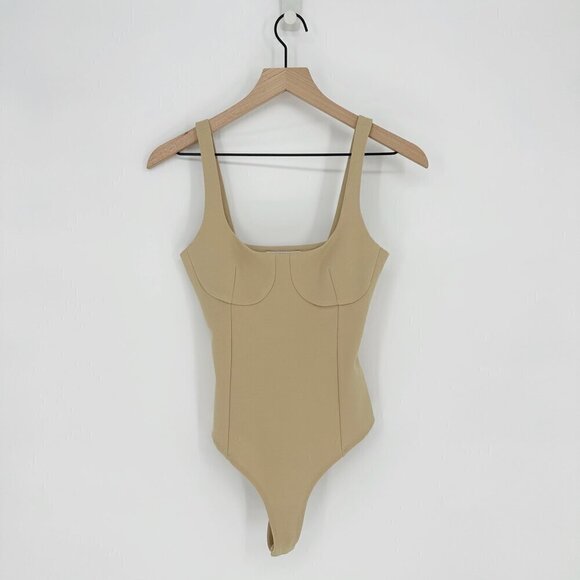 WAYF Bravado Bustier Tank Cupped Thong Bodysuit Ponte Knit Tan Women's XS - Picture 1 of 8